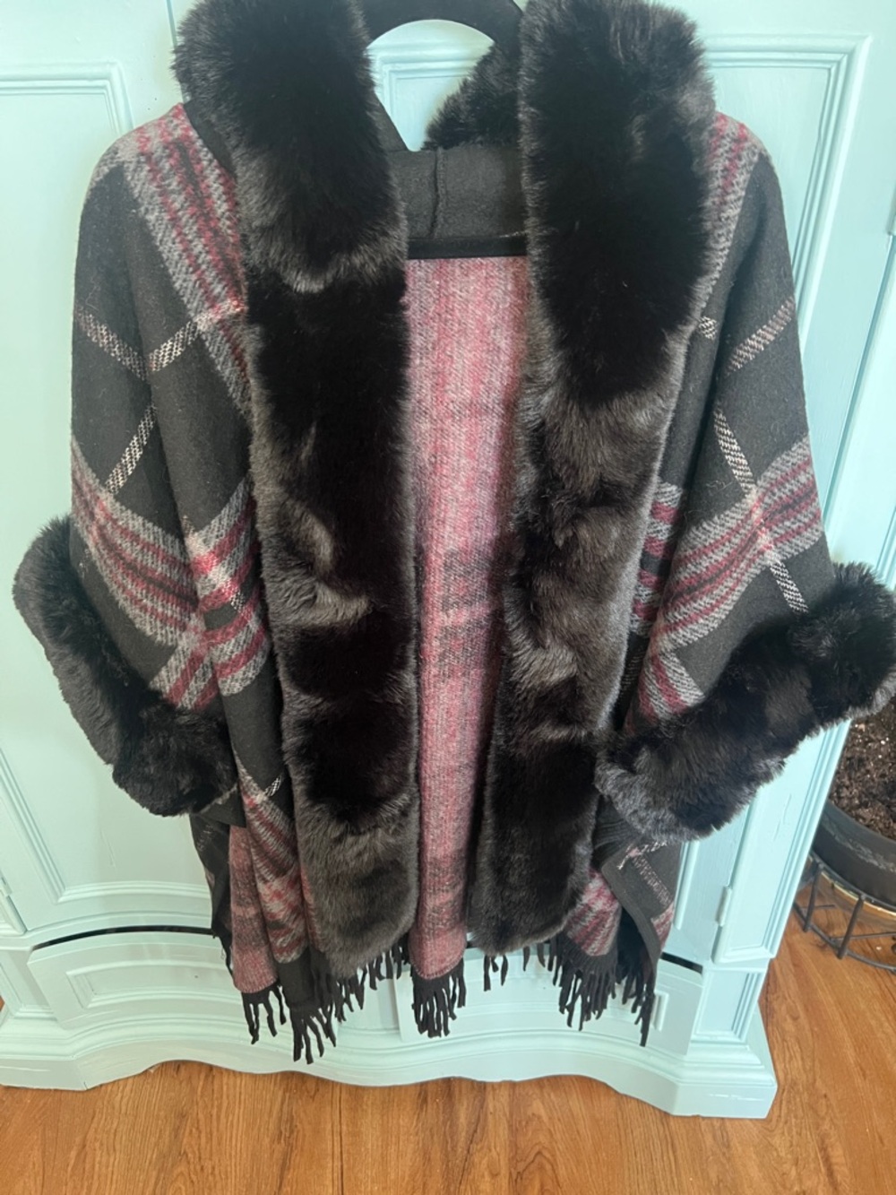 Plaid Wrap Poncho with Faux Fur Trim - Black and Burgundy